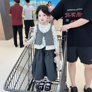 女童森系马甲套装秋季新款儿童装洋气针织吊带碎花打底阔腿裤秋装