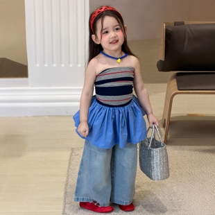 女童韩系条纹抹胸吊带套装2026儿童洋气上衣牛仔阔腿裤夏季两件套