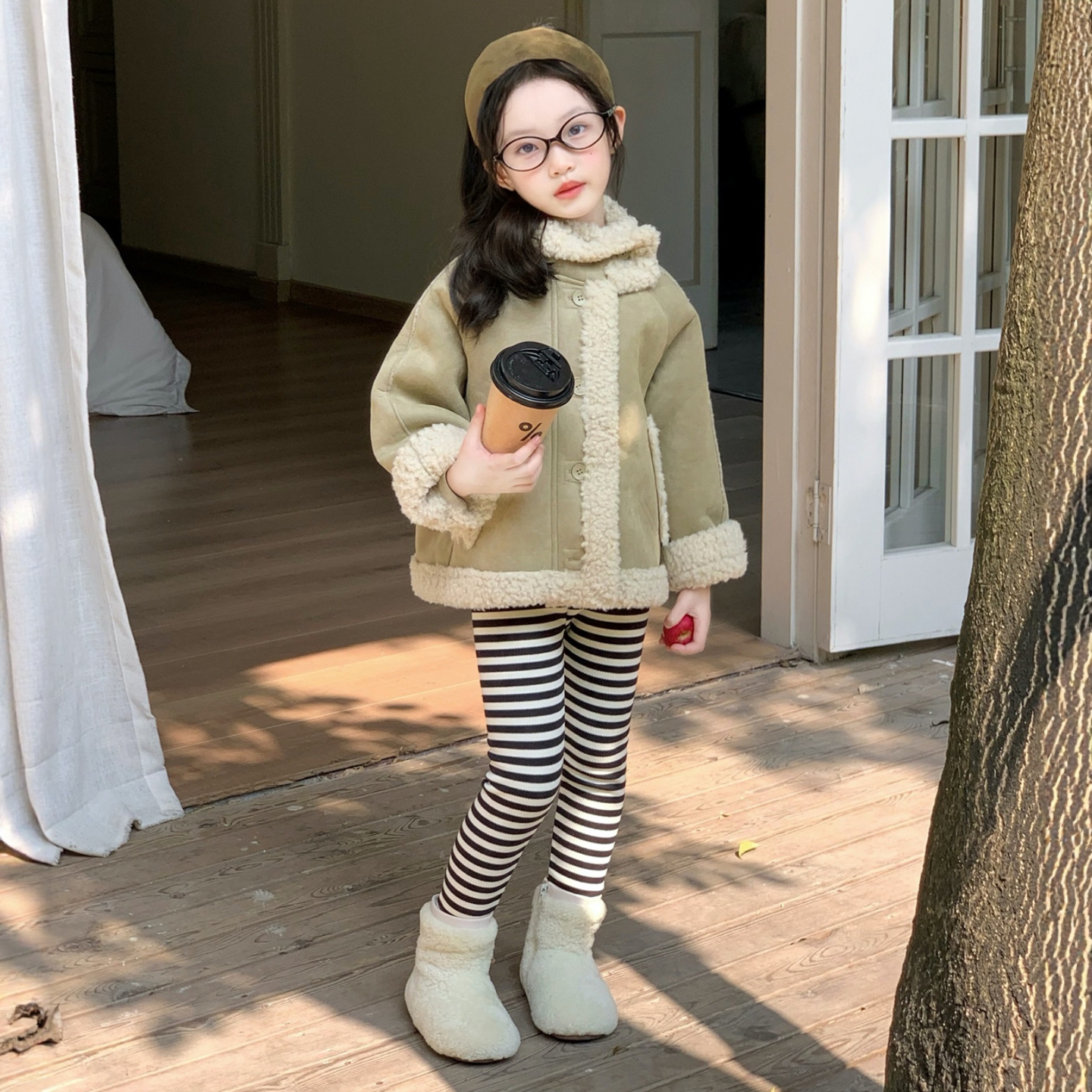 女童秋冬装皮毛一体外套~加绒裤