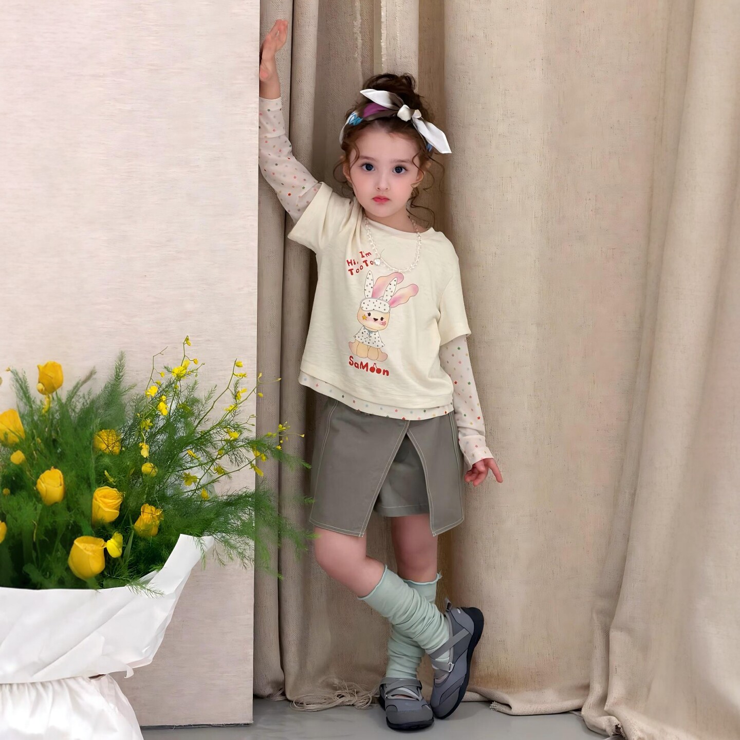 女童假两件卡通T恤韩版套装2026春季新款儿童t裙裤短裤两件套夏装