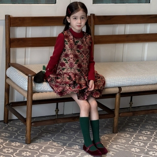 女童复古风碎花背心连衣裙秋冬两件套秋冬装 裙 女宝宝年服洋气套装