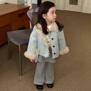 女童韩系显白皮毛一体外套秋冬装新款小女孩加绒休闲保暖大衣套装