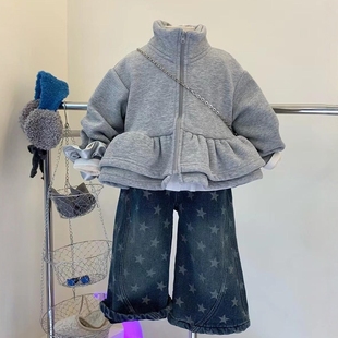 女童加绒外套秋冬装儿童装洋气花边下摆拉链衫女宝宝韩系休闲开衫