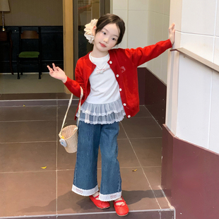 女童针织开衫外套春装新款儿童洋气时髦上衣女宝宝春季牛仔裤套装