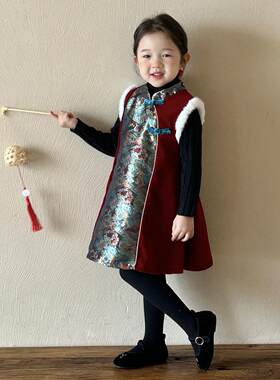 女童旗袍裙加绒拜年服