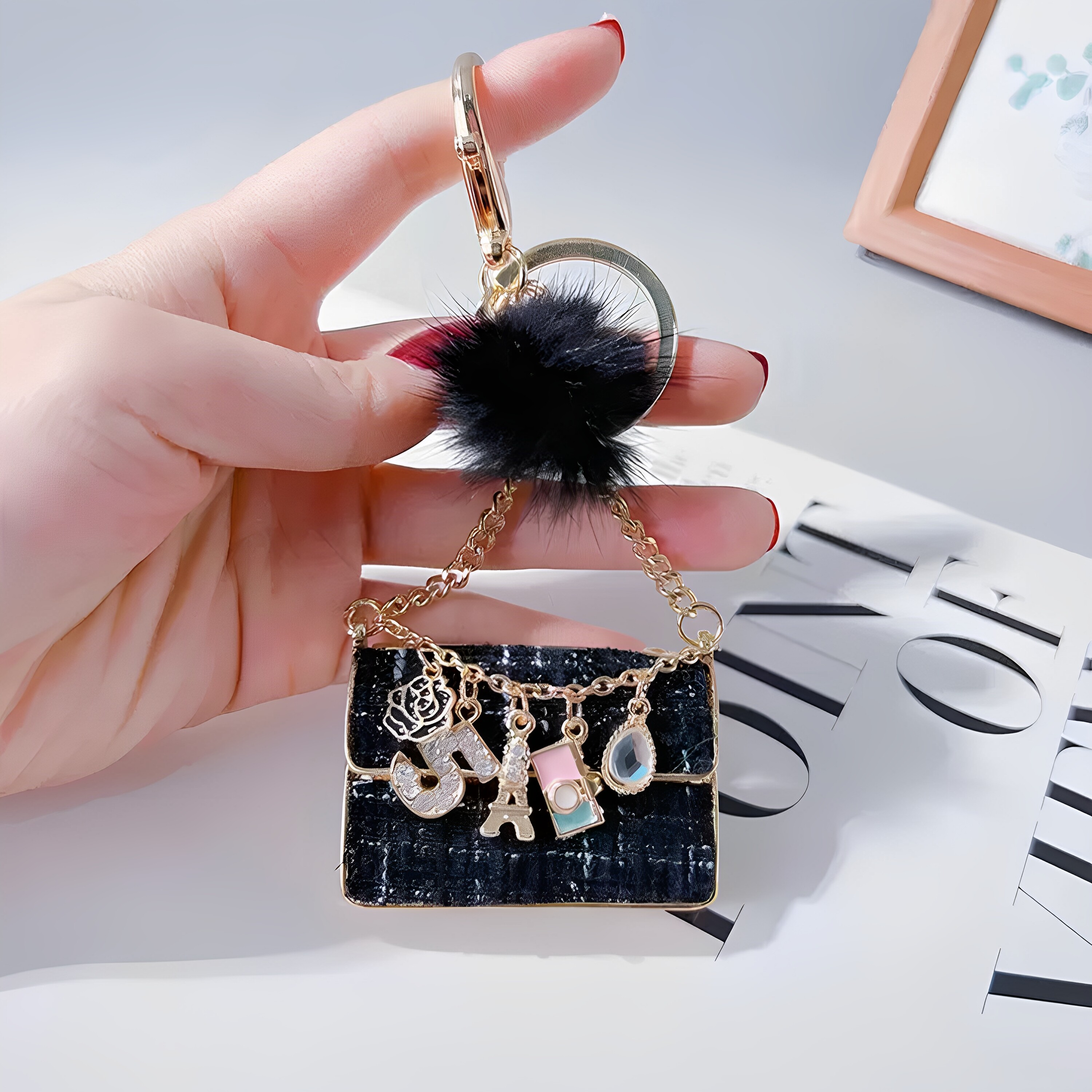 欧美风小香包包时尚创意多配件流苏钥匙扣水貂毛球包包挂件装饰