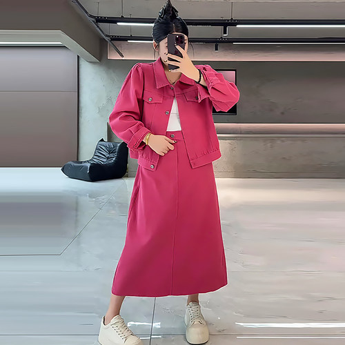 大码简约净版长袖外套高腰半身裙
