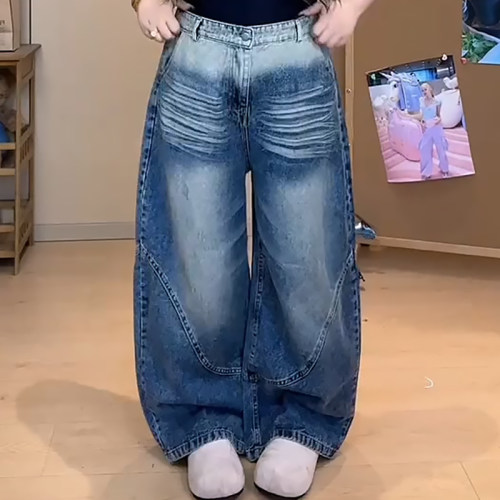 设计晕染裤腰做旧牛仔弯刀裤子女