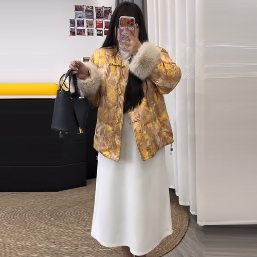 新中式毛袖盘扣棉服外套半身裙子