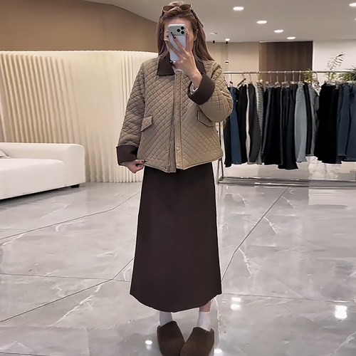 保暖韩系菱格棉服高腰磨毛半身裙套装胖mm2026秋季款显瘦大码女装