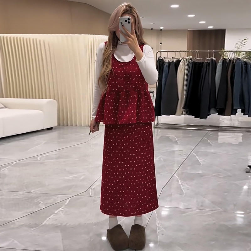 碎花荷叶摆马甲半身裙高领打底衫胖mm2026秋季款显瘦宽松大码女装