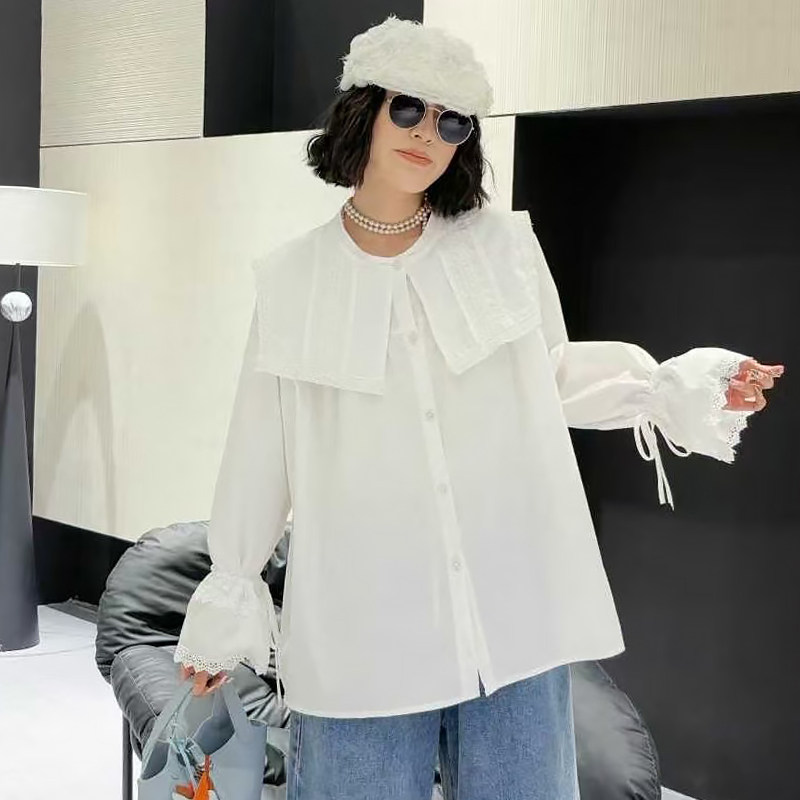 镂空花边抽绳袖口衬衫女大码上衣胖mm2026春冬新款宽松显瘦女装潮,女装/女士精品,大码内搭,淘宝优惠券,粉丝福利购,淘宝优惠卷