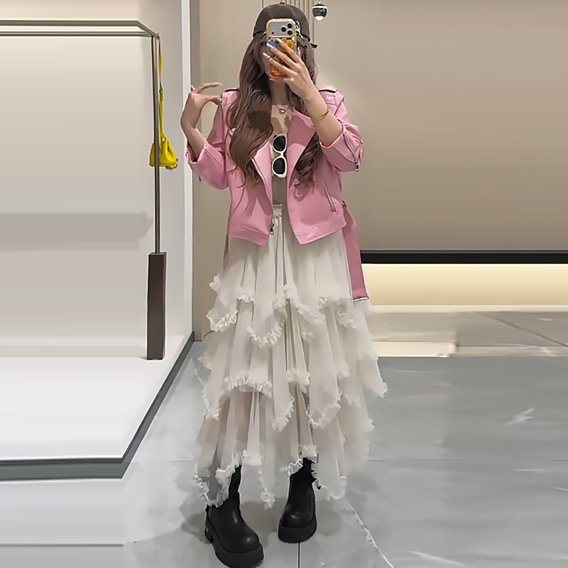 蕾丝纱裙洋气短款蛋白皮衣外套胖mm2026春季新款显瘦宽松大码女装