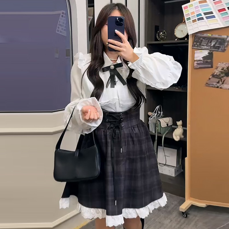 蕾丝花边长袖衬衫高腰格纹半身裙胖mm2025冬季新显瘦宽松大码女装,女装/女士精品,大码套装,淘宝优惠券,粉丝福利购,淘宝优惠卷