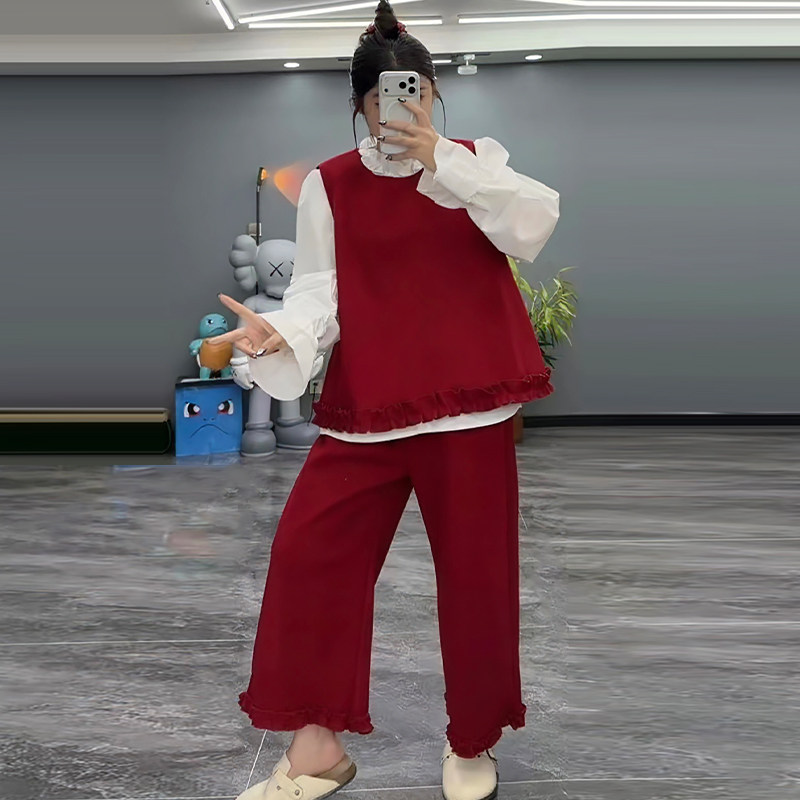 花边毛呢马甲裤子女衬衫三件套胖mm2026春冬新款显瘦宽松大码女装,女装/女士精品,大码套装,淘宝优惠券,粉丝福利购,淘宝优惠卷