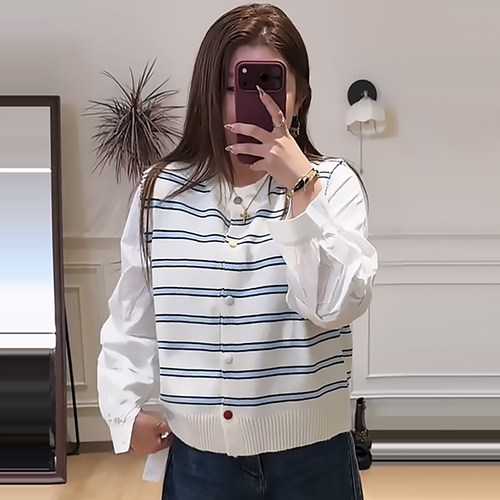 撞色拼接彩色条纹针织开衫上衣潮