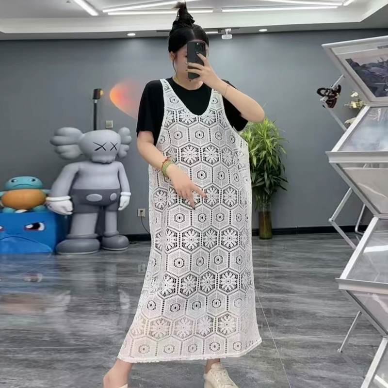 镂空钩花马甲裙短袖休闲裙套装胖mm2025夏季新款显瘦宽松大码女装