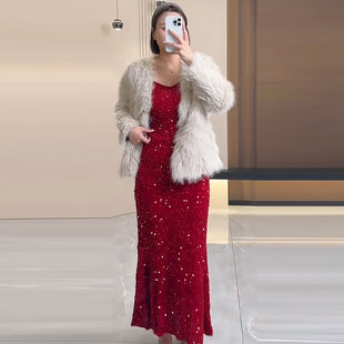 女装 显瘦宽松大码 新款 氛围感吊带亮片鱼尾裙毛毛外套胖mm2025冬季