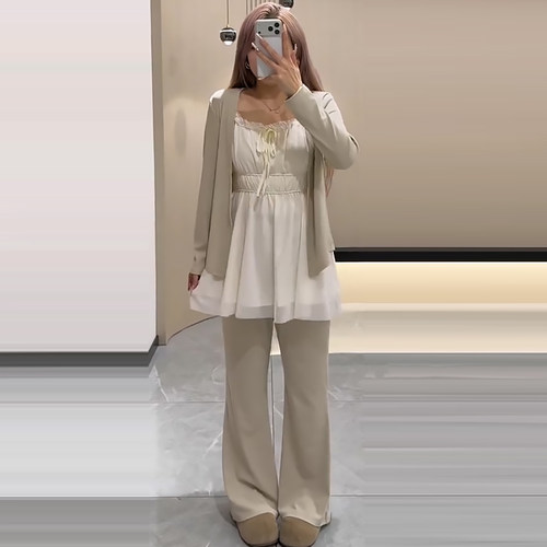宽松遮肚吊带开衫外披微喇裤套装