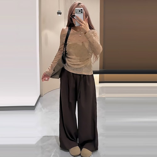 斜肩晕染网纱上衣绑带阔腿裤子女