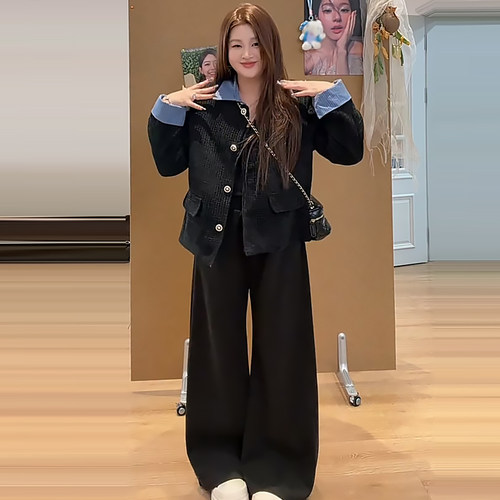 拼接假两件小香风外套星空尼女裤