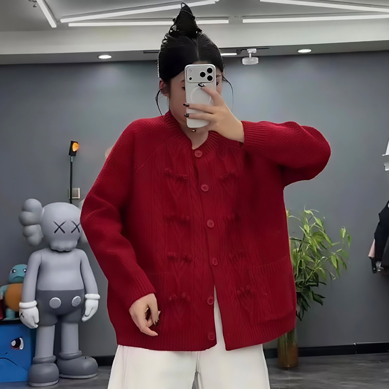 豆豆毛衣单排扣针织开衫外套大码