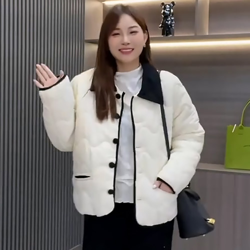 小清新撞色翻领棉服外套保暖上衣