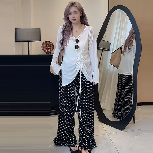 韩系抽绳防晒罩衫甜美花边波点裤