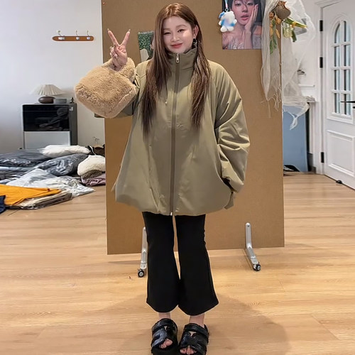 立领灯笼袖花苞棉服女加绒休闲裤