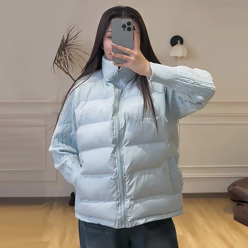 针织袖拼接排骨棉服女休闲外套胖mm2025冬季新款宽松显瘦大码女装