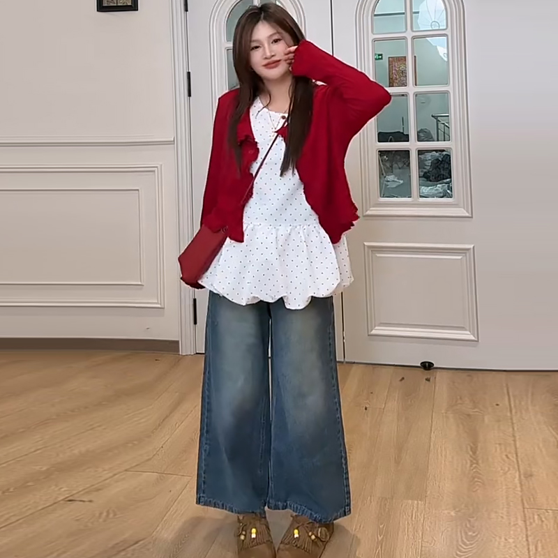 韩系甜美木耳边开衫波点花苞背心