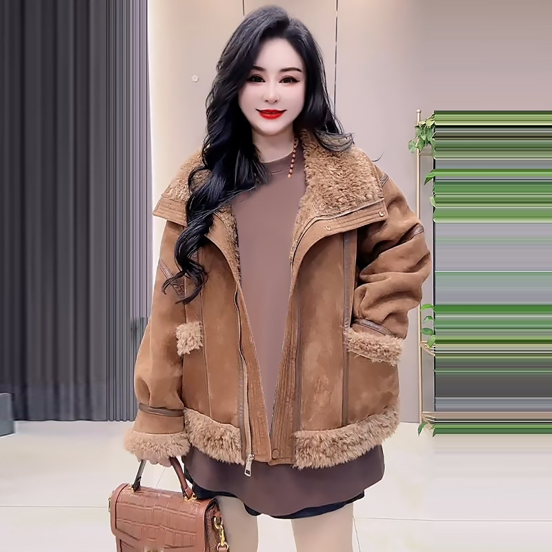保暖上衣百搭港风皮毛一体外套胖mm显瘦2025冬季新款宽松大码女装,女装/女士精品,常规大码外套,淘宝优惠券,粉丝福利购,淘宝优惠卷