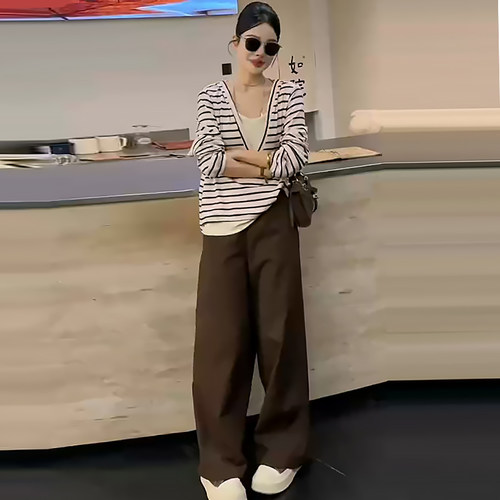 假两件长袖条纹上衣高腰休闲裤子