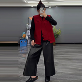 直筒九分裤 胖mm2026春冬新款 显瘦宽松大码 盘扣毛呢马甲打底衫 女装