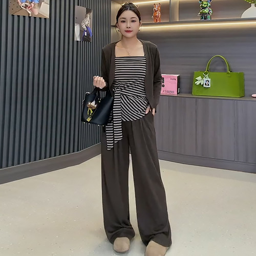 纯欲风系带条纹上衣外披裤子套装