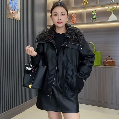 加棉PU皮衣时尚翻毛领外套女上衣