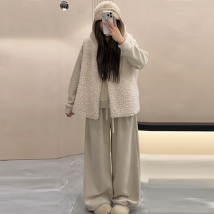 女装 显瘦宽松大码 胖mm2025冬季 羊羔毛加棉马甲连帽卫衣外套垂感裤