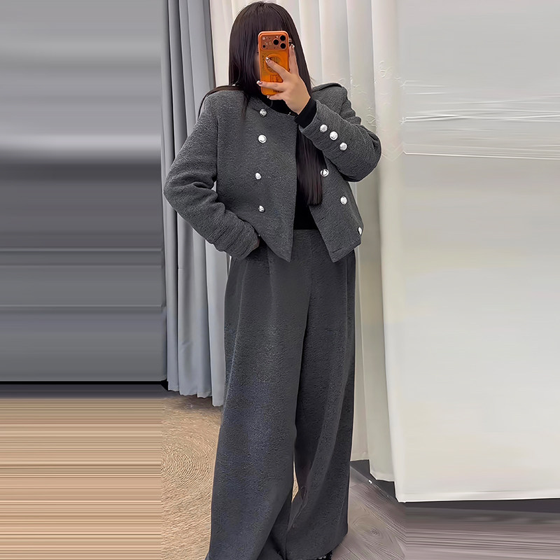 双排扣加棉毛呢外套裤子套装胖mm2025冬季新款显瘦宽松大码女装潮,女装/女士精品,大码套装,淘宝优惠券,粉丝福利购,淘宝优惠卷