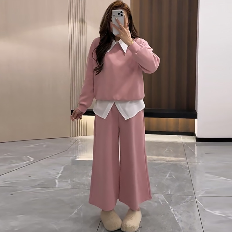 韩系百搭衬衫叠穿卫衣九分直筒裤胖mm2026春冬款显瘦宽松大码女装,女装/女士精品,大码套装,淘宝优惠券,粉丝福利购,淘宝优惠卷