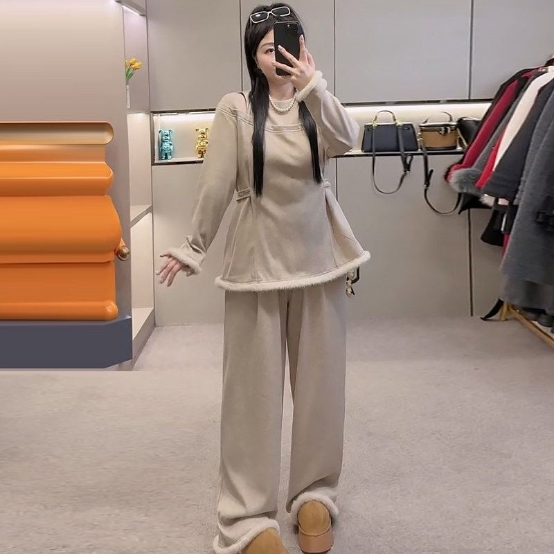 设计感镂空上衣阔腿裤两件套春冬胖mm2025新款显瘦宽松大码女装潮,女装/女士精品,大码套装,淘宝优惠券,粉丝福利购,淘宝优惠卷