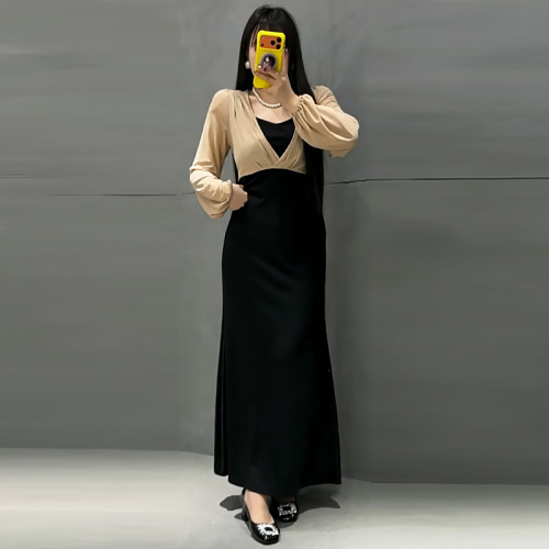 温柔纯欲风拼接撞色大码连衣裙子