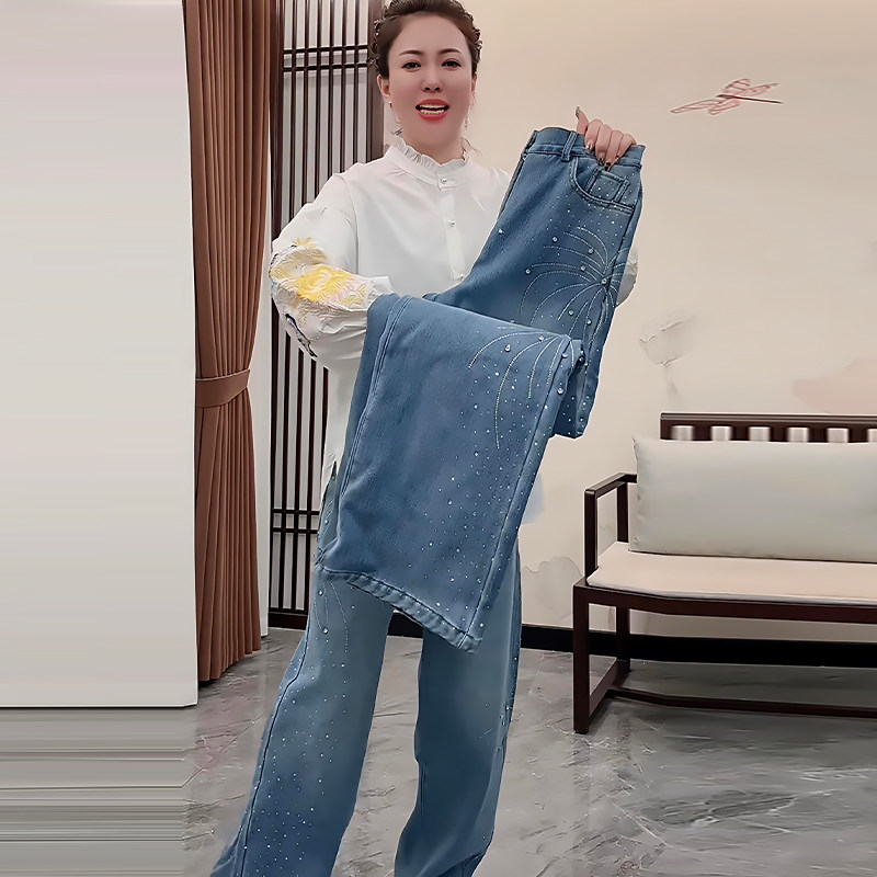 烟花钻加厚绒牛仔休闲阔腿裤子胖mm2025冬季新款宽松显瘦大码女装,女装/女士精品,大码裤装,淘宝优惠券,粉丝福利购,淘宝优惠卷