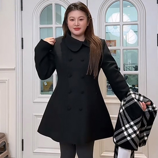 女装 显瘦宽松大码 款 加棉纽扣毛呢外套裙毛呢外套短裙胖mm2025冬季
