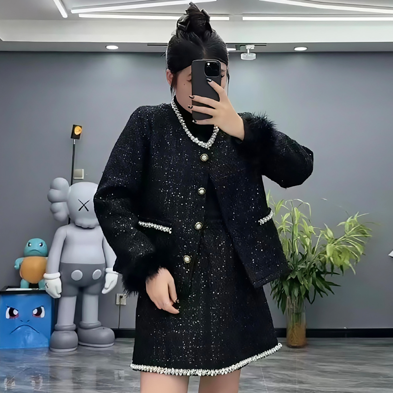 细闪亮片编织小香风外套半身裙子