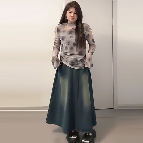 韩系不规则扎染上衣女牛仔半身裙