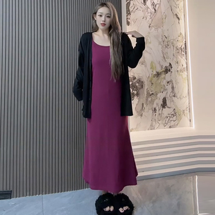 吊带鱼尾收腰连衣裙纯色外披开衫胖mm2025秋季款显瘦宽松大码女装