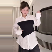 宽松显瘦女装 不等式 衬衫 女打底上衣胖mm2026春冬新款 大码 撞色长袖
