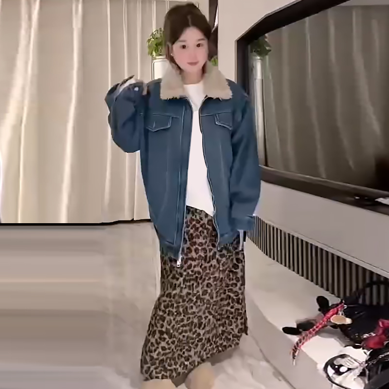 加棉牛仔外套女高腰豹纹半身裙子
