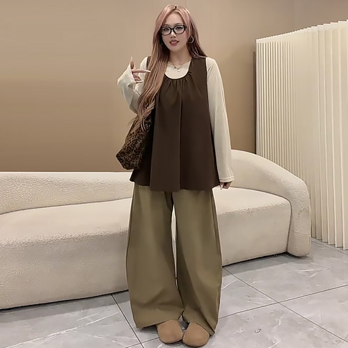 叠穿长款背心打底衫裤子三件套胖mm2026秋季新款显瘦宽松大码女装