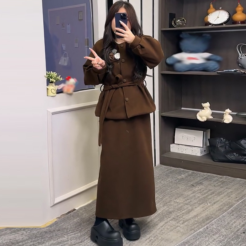 长袖加棉毛呢外套包臀裙半身裙胖mm2025冬季新款显瘦宽松大码女装,女装/女士精品,大码套装,淘宝优惠券,粉丝福利购,淘宝优惠卷